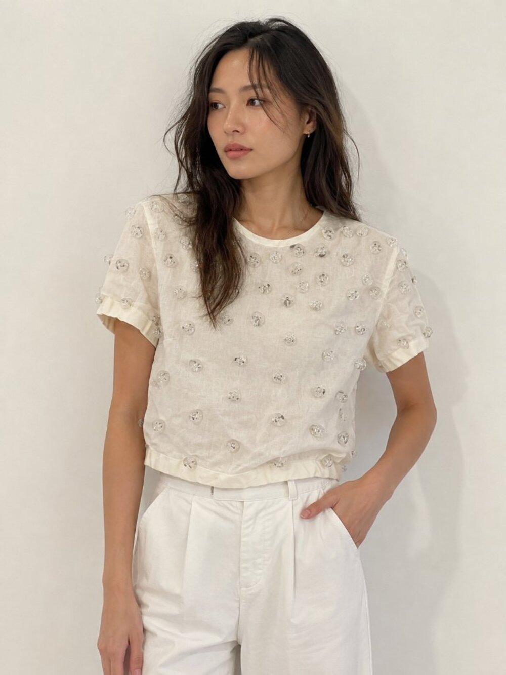 Michael Kale Ivory Sheer Embellished Crop Top Size Small 0809